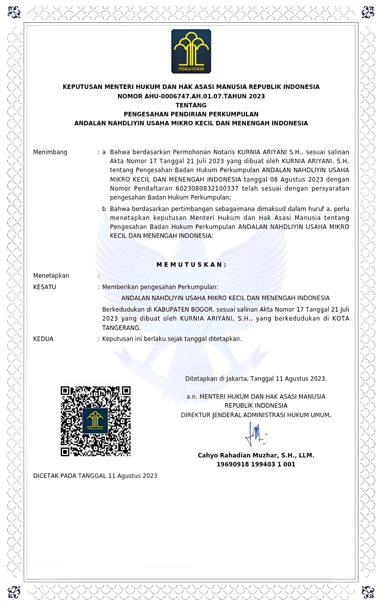 Sertifikat Pendirian UMKM Nahdliyin Indonesia